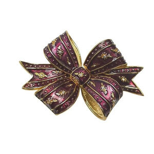 Joan Rivers Purple Enamel Large Clear Rhinestone Gold Tone Bow Brooch Pin